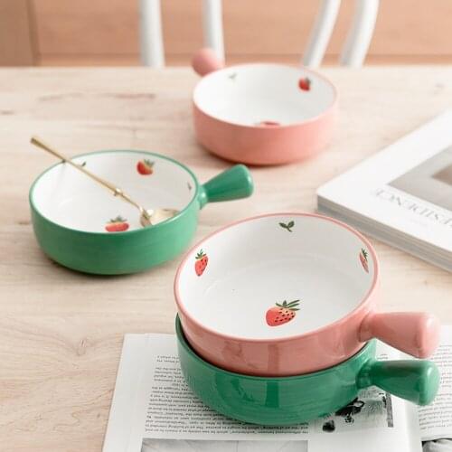 Nordic Ceramic Salad Bowl With Handle Breakfast Cereal Fruit Bowl Cute Printed Dessert Soup Noodle Bowl Microwave Oven Special