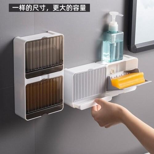 Creative Soap Holder Soap Box with Lid Wall-Mounted Double Grid Drainage Punching Free Flip Soap Box Bathroom Laundry Soap Box
