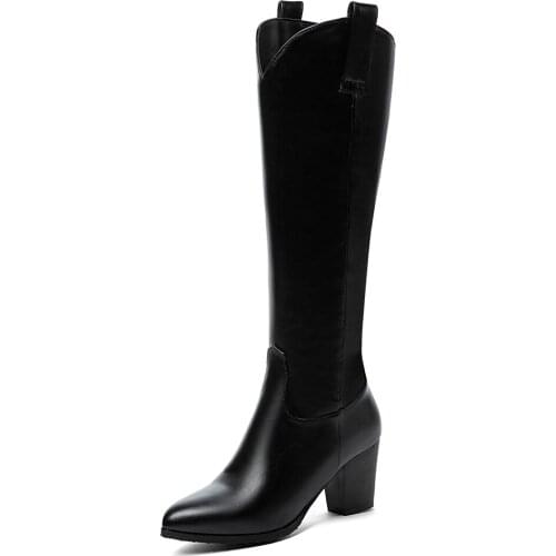 Pointed Toe Square Heel Solid Color Sleeve Knee Boots Buckle V-Shaped Barrel Warm Womens Boots Rubber Sole Thick Heel Shoes