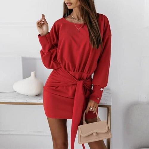 Autumn Black O Neck Casual Mini Dress Women Long Sleeve Bodycon Elegant Short Dress Waist Knot Tie Button 2021 Fashion Vestidos