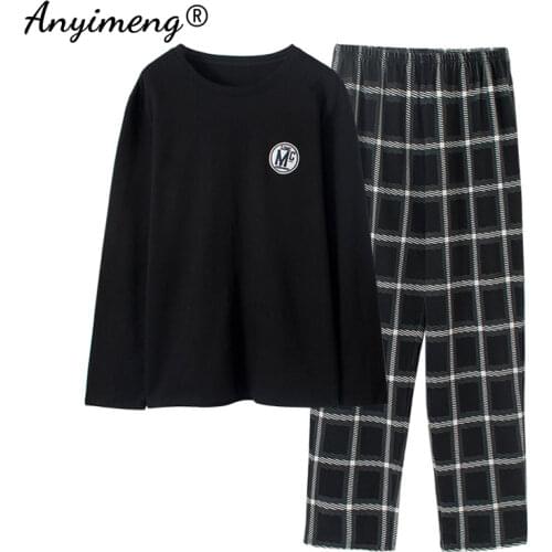 Casual Pyjamas for Men Minimalist Style Fashion Mens Pajamas Set Cotton Sleepwear Long Sleeves Long Pants Round Neck Loungewear