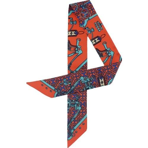 Twill Silk Scarf Women New Design Print Floral Lady Bags Decoration Skinny Scarves Small Ribbon Hair Band Choker Neck Ribbon