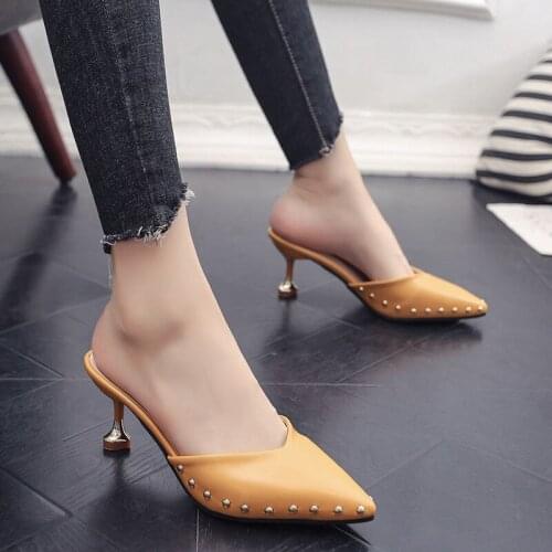 Fashion Slippers Female Summer Wear 2021 New Net Celebrity Fashion Rivet Pointed Stiletto High Heel Baotou Female Half Slippers