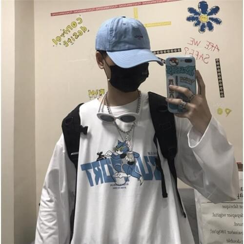 Japan Men Casual Tshirt Cool Printed High Street Harajuku Sweatshirt Male Cool AutumnSpring Male T-shirt Letter Cartoon Tee Tops