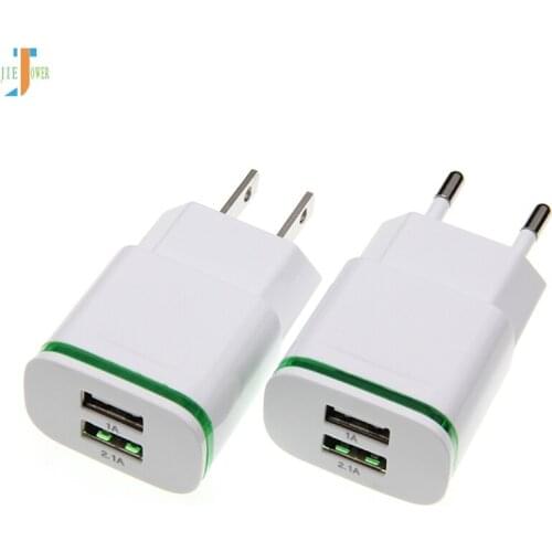 50pcs/lot EU US Plug 2 Ports LED Light USB Charger 5V 2A White Wall Adapter Mobile Phone Micro Data Charging for IPhone IPad