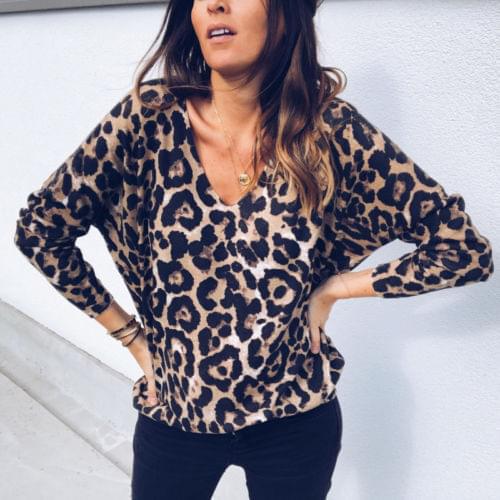 Women T-shirt Tops Long Sleeve Leopard Print Tops Females Loose Leopard T-Shirt V-Neck Top Pullover Women Clothes