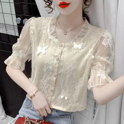 Western style puff sleeve lace printed small shirt 2021 summer new fashion all-match square collar short-sleeved shirt women
