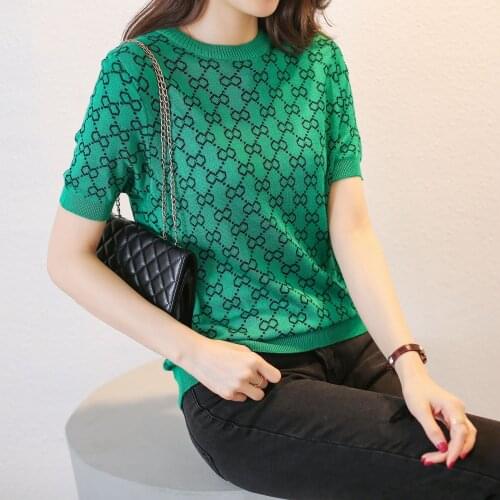 T Shirts Women Korean Summer New Vintage Jacquard Ice Silk Soft Knit Simple Top Slim Thin Casual Short Sleeve O Neck Tee Shirt