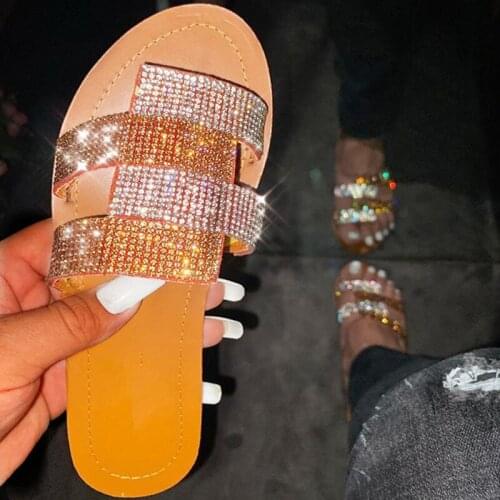 Women Flats Slippers Rhinestone Womens Shoes Woman Casual Bling Ladies Slides Plus Size Beach Shoes Female Summer 2020 Hot35-41