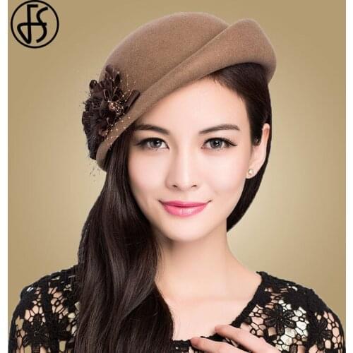 FS Elegant 100% Wool Beret French Women Hats Winter Black Fedora Church Hat Wedding Ladies Felt Flower Caps Pillbox Hat Chapeau