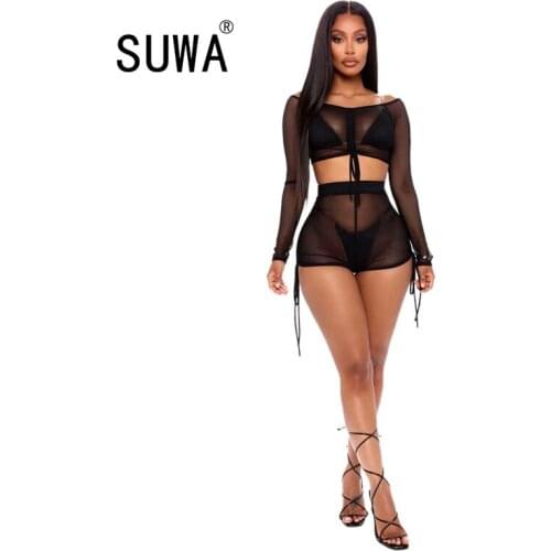 Best match black see through mesh sexy women two piece set long sleeve shirt tunic + skinny shorts sweatpants sexy club outfits