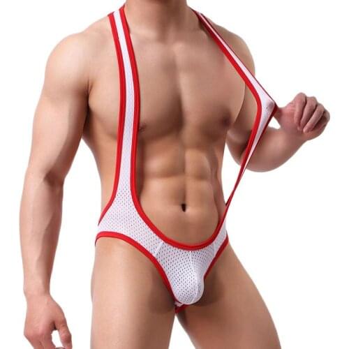 Sexy Lingerie Mesh Bodysuit Mens Jockstrap Backless One Piece Wrestling Singlet See Through Body Suit Briefs Gay Bondage Mankini