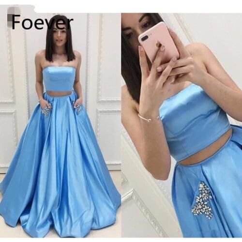 Sky Blue 2 Pieces Women Formal prom dress Party Dresses Long Skirt With Pockets Crystal A-line Prom Gowns Vestidos De Festa