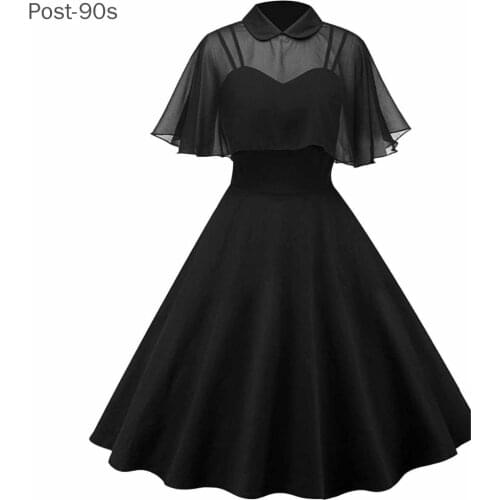 Women Vintage Gothic Cape Black Dress 2021 Autumn Two Piece Mesh Cloak Sleeves Peter Pan Collar Elegant Retro Goth Party Dresses