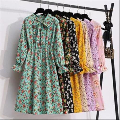 Womens Chiffon Dress Female Vintage Floral Printed Long Sleeve Bow Midi Dresses 2021New Spring Autumn Flare Sleeve Vestidos 88