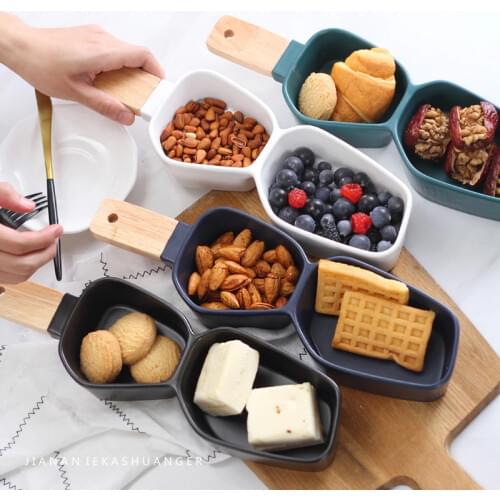 36.5cm Best Creative Divide Ceramic Pie Plate With Wooden Handle Porcelain Brulee Snack Dish Cheese Kitchen Tool Dinnerware Tray