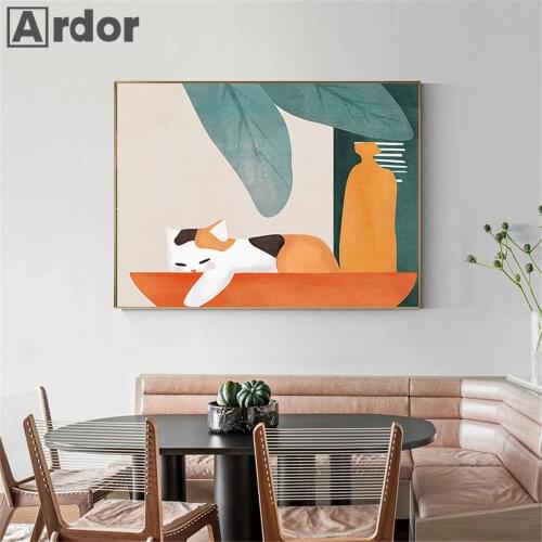 Abstract Cat Animal Wall Art Poster And Print Leaf Flower Orange Canvas Painting Life Illustration Modern Pictures Home Decor