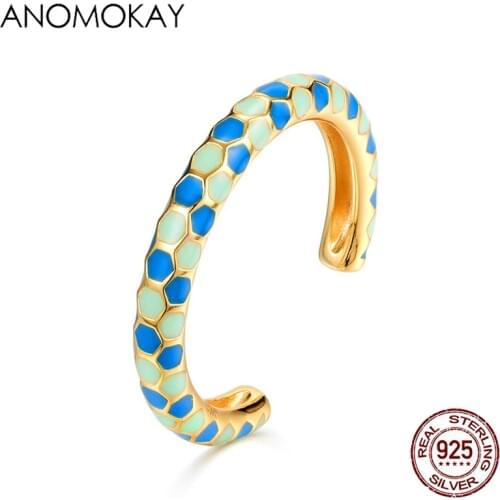 Anomokay Exotic Hexagon Enamel Resizable Gold Color Rings for Women Girl Luxury Jewelry Gift 100% 925 Sterling Silver Open Ring