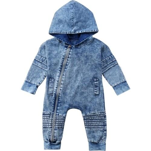 Newborn Kids Baby Boy Denim Hooded Romper Jumpsuit Washed Multi-pleated Zipper Playsuit Outfits Clothes