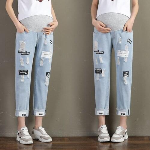 New pregnant women summer Korean hole denim cropped pants fashion letter printing belly support pants