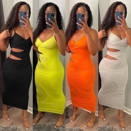 Echoine Solid Color Maxi Dresses Spaghetti Strap Hollow Out See Through Long Bodycon Dresses V-Neck Beach Outfits 2021 Summer