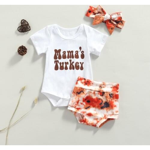 FOCUSNORM 3pcs Lovely Baby Girls Boys Halloween Clothes Sets Letter Short Sleeve Romper Tie-Dye Printed Shorts Headband