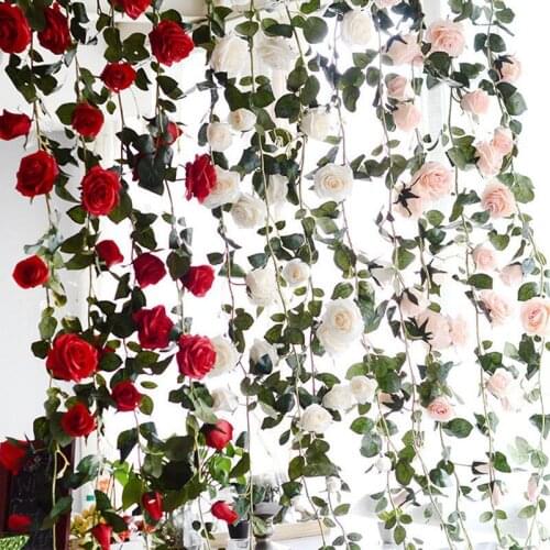 Hot YO-180cm Artificial Rose Flower Vine Wedding Decorative Real Touch Silk Flowers With Green Leaves for Home Hanging Garland D