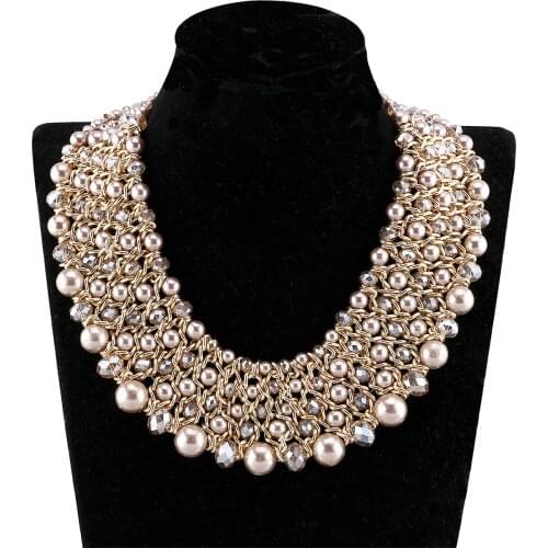 HAHA&TOTO Crystal Beads and Gold Chains Knitted Beaded Handmade Trendy Statement Necklace Bohemian Choker Collar Jewelry Bijoux