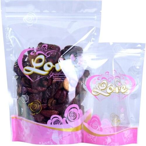 Hot 100 Pcs/lot Multi Sizes Transparent Clear Pink LOVE Pouch Stand Up Bags Package Pouches Pink Food Storage Zip Lock Bags
