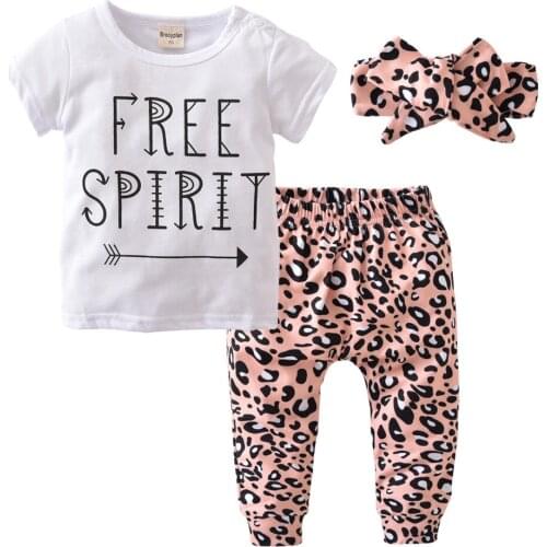 Baby Girls Clothing Set Cotton Outfits Free Spirit Letter Tops+Dots Pants+Headband Toddler Baby Set