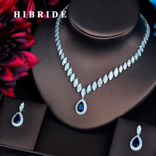 HIBRIDE Luxury Marquise Cut Cubic Zirconia Women Jewelry Sets Blue Water Drop Set Wedding Dress Accessories Party Gifts N-486