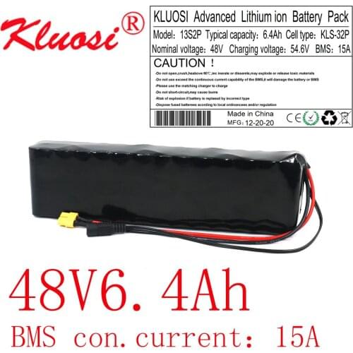 KLUOSI 48V 6.4Ah 13S2P 500Watt 54.6V Lithium Battery Pack Built-in 15A BMS for Electric Bike Scooter Skateboard Bicycle Etc