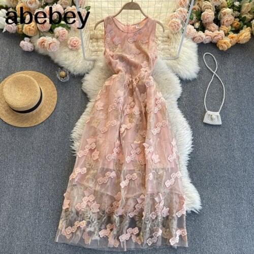 Three-dimensional Flowers Dress Women French Sweet O Neck Sleeveless A-line Dresses Summer Casual Vacation Midi Dress