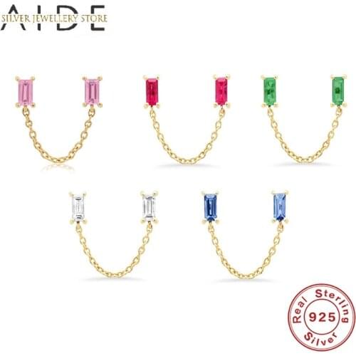 AIDE Punk Chain Stud Earrings for Women INS Colorful Zircon Chains Back Hanging Piercing Earings Silver 925 Jewelry kolczyki