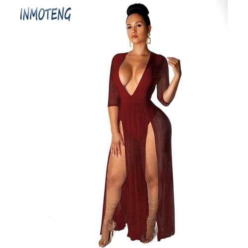 INMOTENG Sexy Deep V-Neck Sheer Mesh Dress High Split Half Sleeve See Through Beach Long Night Club Dress Vestidos Plus Size 2XL