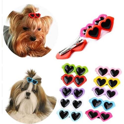 2Pcs Pet Lovely Heart Sunglasses Hairpins Pet Grooming Colorful Cats Dog Bows Hairpin Headdress Clip For Puppy Dogs Cat Teddy
