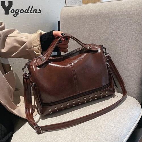 Female 2021 Vintage Shoulder Bag Luxury Rivet Handbag Soft PU Leather Crossbody Bags For Women Casual Boston Tote Bolsa Feminina
