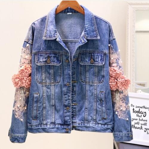 2020 Autumn fashion Jean Coat Vintage loose Streetwear Embroidery three-dimensional Denim Jacket Women