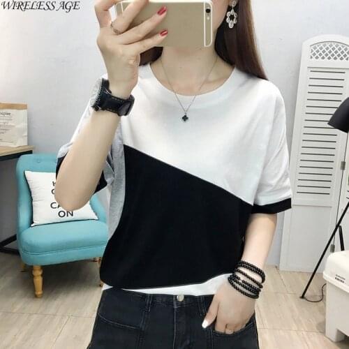 WIRELESS AGE T Shirt Women Short Sleeved Round Neck Plus Size Loose Slim Patchwork Womens Clothing Tops Summer New Fashion Wild