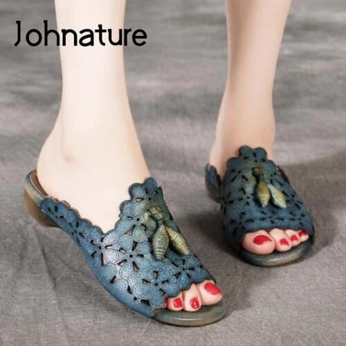 Johnature Summer Women Slippers Genuine Leather 2020 New Women Shoes Slides String Bead Flat With Retro Handmade Ladies Slippers