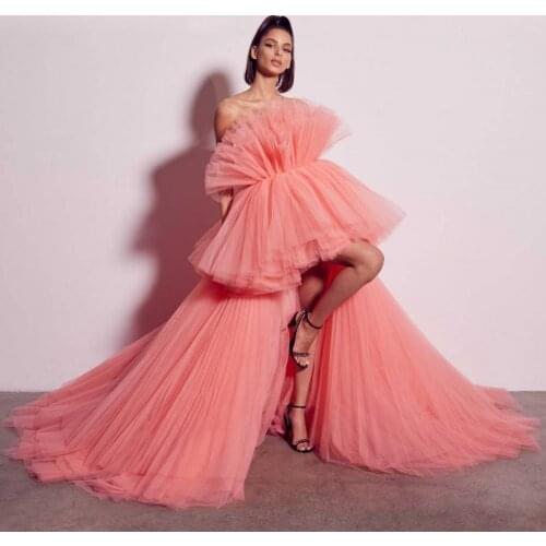 2020 Hi Low Tulle Dresses With Train Long Women Prom Formal Gowns Puffy Fluffy Ball Gown Dress Custom Made Strapless Dress