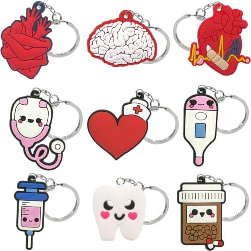 1PCS PVC keyholder kawaii medicine series cartoon keychains heart pill tooth brain anime keyring women bag keys pendants unisex