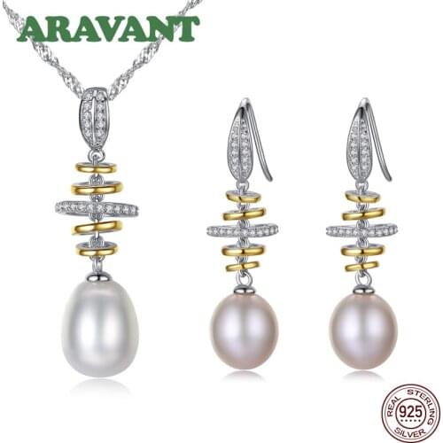 100% Real Natural Pearl Jewelry Sets Silver 925 Zircon Drop Earring Pendant Necklace Women Pearl Wedding Jewelry Set