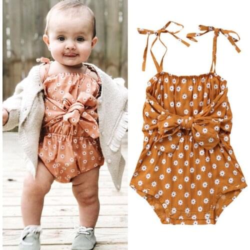 Hot Selling Floral Infant Baby Girls Bowknot Bodysuits Jumpsuit Summer Printed Flowers Baby Girls Clothes Bodysuits 0-24M