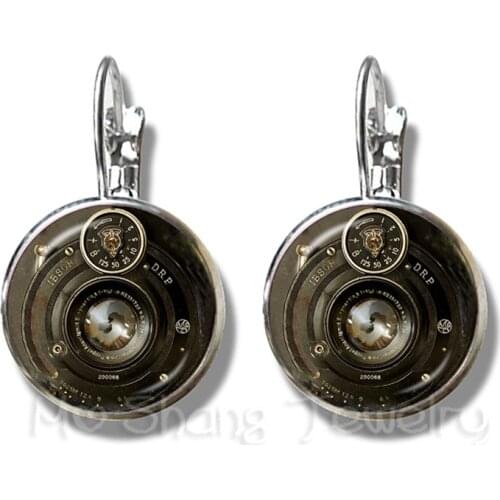 Camera Lens Earrings 16mm Glass Cabochon Photography Silver Plated Stud Earrings For Women Girls Creative Gift