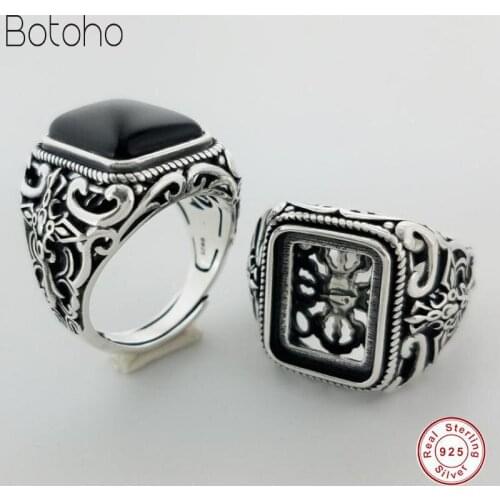 Genuine 925 Sterling Silver colour Vintage Ring Mens Natural Black Stone Square Round Hollow Cross Flower Engraving Punk Jewelry