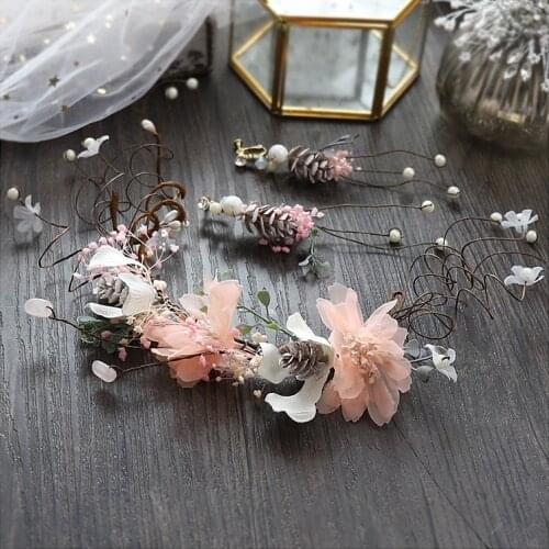 Korean New Sweet Fairy Bride Headdress Mori garland earrings brides Hair Ornament Hair Hoop Set Wedding hair Accessories
