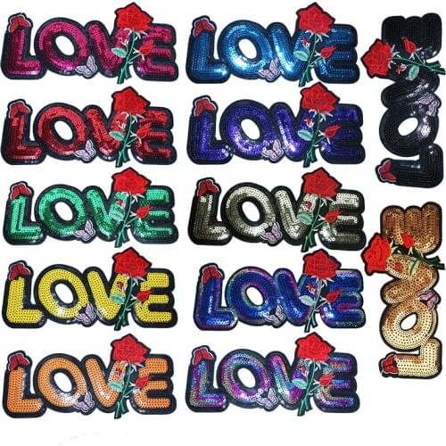 Letters Patch Rose of Love Sequins icon Embroidered Applique Patches For kawaii clothes DIY Iron on Badges on a backpack