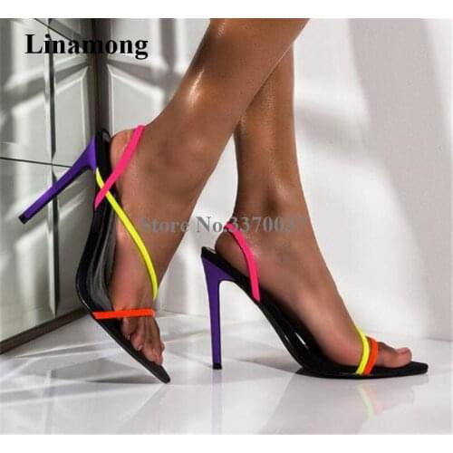 Ladies Charming Pointed Open Toe Thin Mixed-colors Straps Stiletto Heel Sandals Sexy Slip-on High Heel Sandals Dress Heels Shoes