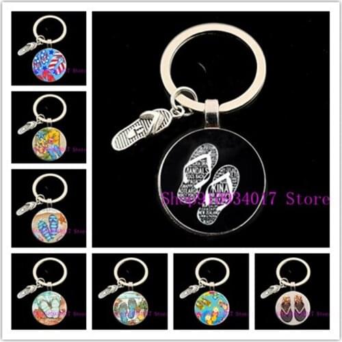 Beach slippers creative round glass keychain slippers alloy handmade DIY pendant keychain men and women car fashion jewelry